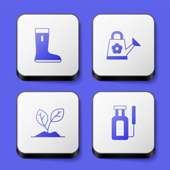 Set Waterproof rubber boot, Watering can, Sprout and Garden sprayer for water icon. White square button. Vector