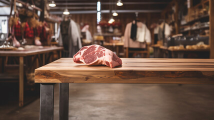 Red meat on a table in a butcher shop, delicatessen advertising, traditional butchery and cured meat shop, fine food - obrazy, fototapety, plakaty