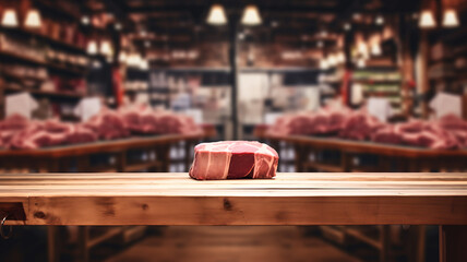 Red meat on a table in a butcher shop, delicatessen advertising, traditional butchery and cured meat shop, fine food