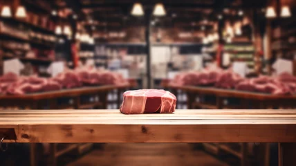 Fotobehang Red meat on a table in a butcher shop, delicatessen advertising, traditional butchery and cured meat shop, fine food © GrafitiRex