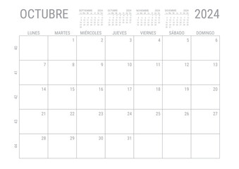 Octubre Calendario 2024 Mensual para imprimir con numero de semanas A4