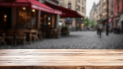 Empty wooden table to display products, front of blurred parisian coffee background, beautiful store packshot