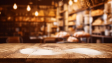 Empty wooden table to display products, front of blurred bakery background, beautiful design packshot