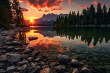 The sun casts a vibrant golden glow over a tranquil mountain lake as it gracefully sets, A serene underwater scene with diverse marine life, AI Generated