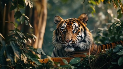  a close up of a tiger laying in the leaves of a tree looking at the camera with a serious look on his face.