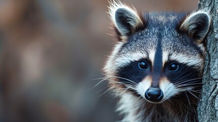 Cute raccoon peeks out, on a smooth background in the studio, lots of copy space for design