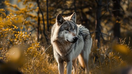 Obraz premium a wolf standing in the middle of a field of tall grass with trees in the background and yellow flowers in the foreground.