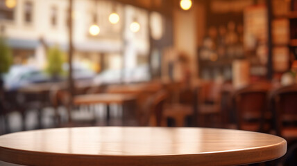 Empty wooden table to display products, front of blurred coffee background, beautiful design packshot