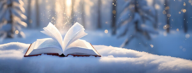 Enchanted Winter Tale Open Book. An open book lies on a snowy surface, with sunlight filtering through the forest creating a magical atmosphere
