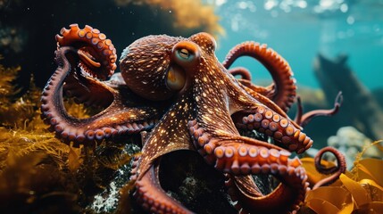 Obraz premium a close up of an octopus on a coral with other sea animals in the background and water in the foreground.
