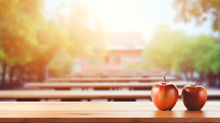 Wooden table with an apple on it, school background, product display template, playground snack, university and product presentation, wood tables