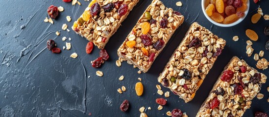Cereal bar with dried fruits, homemade, served on kitchen counter in whole and sliced form.