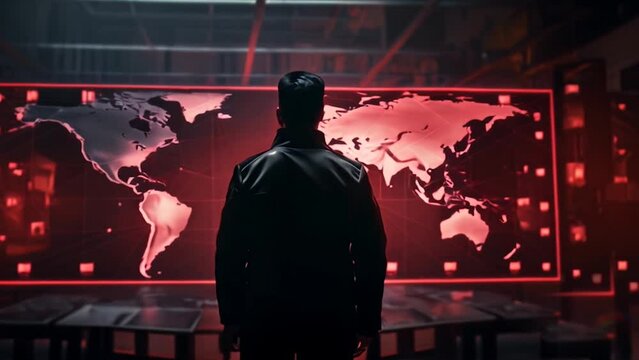  Silhouette of a Chinese man facing away, in front of a large screen with a hologram of red light projecting a world map. Control of Asia in a tense situation against the West