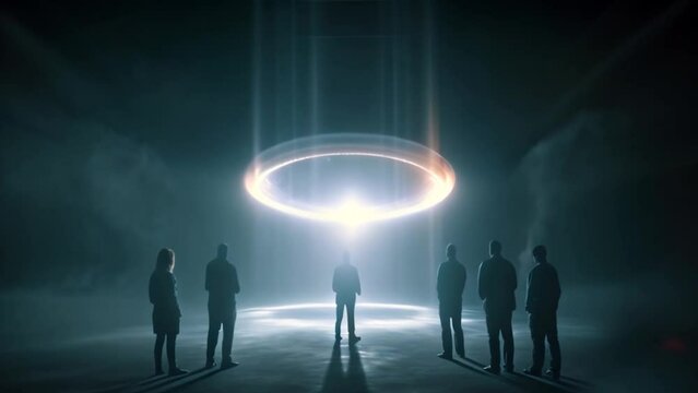 Silhouettes of a group of people standing beneath a magical halo shaped like a ring in the sky, with mist around, against a black background. Paranormal phenomena of UFO and power groups of abduction