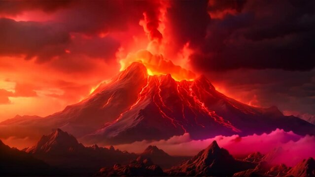 volcano erupting with fire and burning lava, spewing out dark black smoke. Epic cinematic volcanic landscape for a dinosaur extinction