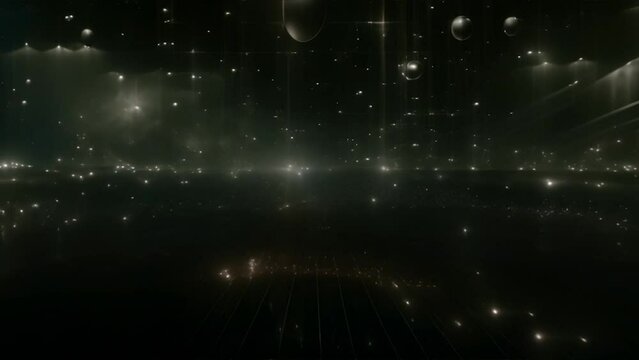 Dark background with lines and circles, representing sciences, mathematics, and calculations. Surreal black night sky setting with abstract shapes and bright white lights like stars