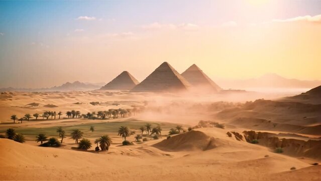 Epic and cinematic landscape of Egypt with the three pyramids in the desert dunes, featuring trees, a clear and warm sky, and a dusty wind. Background for History and ancient civilizations