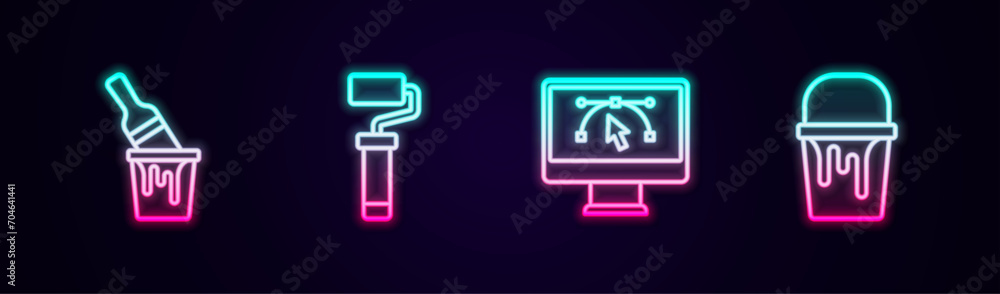 Poster set line paint bucket with brush, roller, computer design program and . glowing neon icon. vector