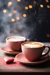 Two cups of hot cappuccino or latte art coffee with heart shape on wooden background .