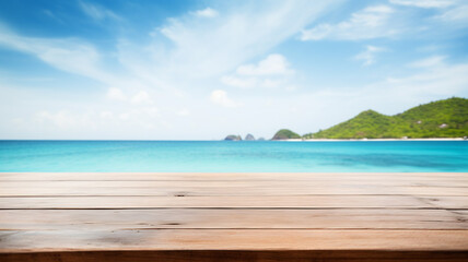 Fototapeta premium Empty wooden table to display products, front of blurred beach background, beautiful design packshot showcase