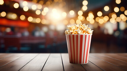 Popcorn on wooden table, drink movie ticket, copy space, place for adding text or design, movie...
