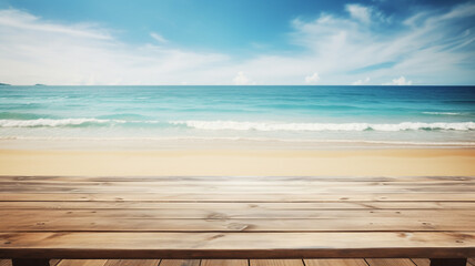 Fototapeta premium Empty wooden table to display products, front of blurred beach background, beautiful design packshot showcase