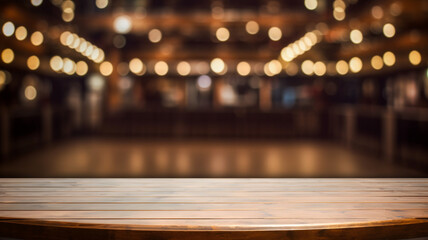 Empty wooden table at a circus, with a circus background for fair event, party at a circus, empty table for packshot and product design - obrazy, fototapety, plakaty