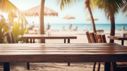 Fototapeta premium Empty wooden table to display products, front of blurred beach bar background, beautiful bar counter packshot showcase