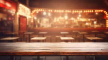 Empty wooden table at a circus, with a circus background for fair event, party at a circus, empty table for packshot and product design