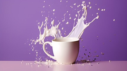  a cup of milk splashing out of it on a purple surface with a splash of milk coming out of it.