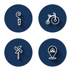 Set line Birthday party horn, Vintage bicycle, Pinwheel toy and Circus tent with long shadow. Blue circle button. Vector