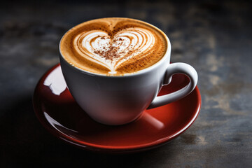 Cup of cappuccino with heart shape on dark background.