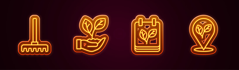 Set line Garden rake, Leaf in hand, Calendar with autumn leaves and Location leaf. Glowing neon icon. Vector