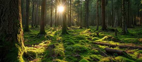 Sunny day in a mossy Latvian Pine forest with dead wood - obrazy, fototapety, plakaty