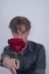 handsome attractive model male boyfriend with romantic gesture  single red rose flower on valentine's day. passionate secretive expression captures feeling for significant other on special occasion 