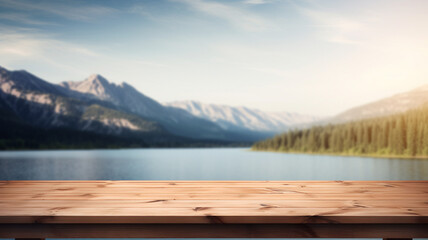 Empty wooden table with blurry mountain background, forest and lake landscape, fjord, backdrop, product display template, business and product presentation, rustic wood table