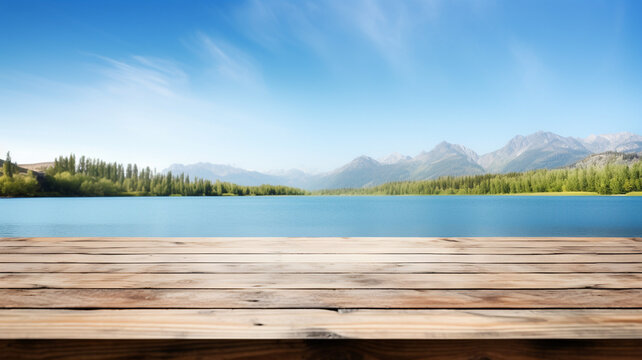 Empty table in front of a lake, nature event, lake and mountain background for a packshot product, photo studio