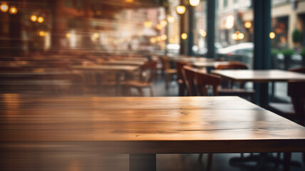 Fototapeta na wymiar Empty wooden table in a restaurant, restaurant packshot, warm lighting, interior decoration for packshot and background, studio, product design