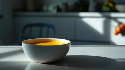  a close up of a bowl of soup on a table with a blurry kitchen in the backround.