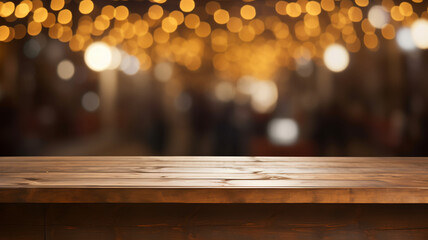 Empty wooden table with a blurry bokeh background, studio table for product design, background, table support