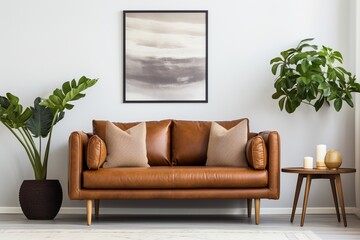 Brown leather couch in a living room with plants and a coffee table