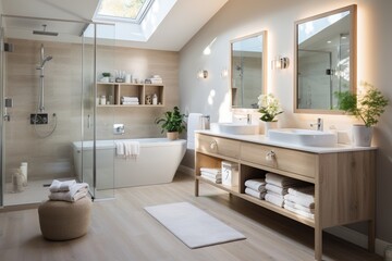 Fototapeta na wymiar Bathroom With Natural Elements and Freestanding Tub