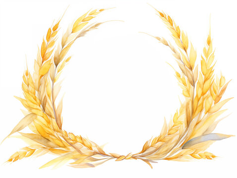 Dried wheat ears. Watercolor wreath om white background