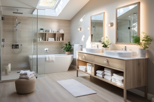 Bathroom With Natural Elements and Freestanding Tub