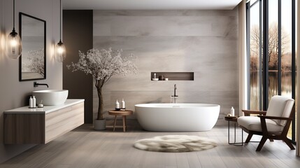 Fototapeta na wymiar Bathroom interior with a large bathtub and a tree