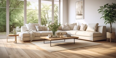 Stylish and cozy living room with large corner sofa, wood flooring, and ample natural light