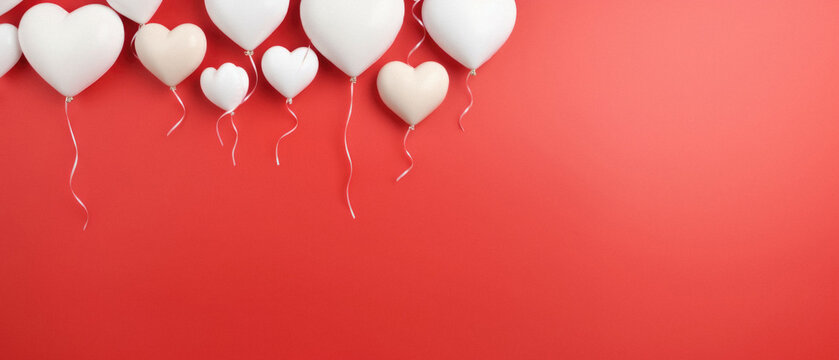 Valentine's day background with white heart balloons on red background.