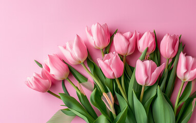 Obraz premium Bouquet of Pink Tulips on Pink Background for a Happy Valentines Day Celebration