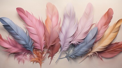 Collection of feathers in pastel colors arranged horizontally against a light background. Can be used in Fashion or art visuals. Concept of Elegance and softness.