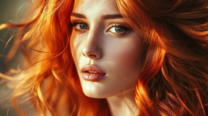 Closeup of attractive young woman with long wavy red hair - obrazy, fototapety, plakaty